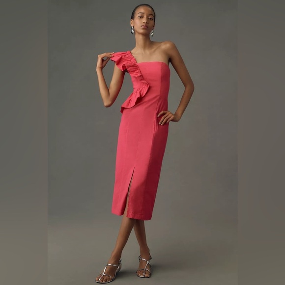 Anthropologie Dresses & Skirts - NWT! By Anthropologie One-Shoulder Ruffle Linen Column Midi Dress - Size XL🐬